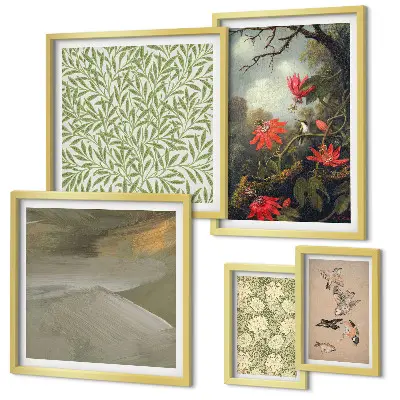 Set of 5 wall art pieces Flowers birds natural motifs