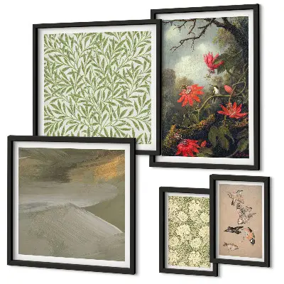 Set of 5 wall art pieces with floral and bird motifs