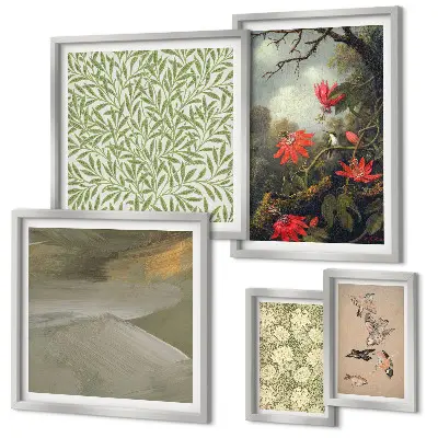 Set of 5 wall art pieces with floral and bird motifs