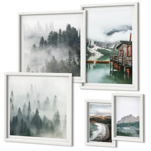 Set of 5 wall art pieces Mountain landscapes, cottages, water