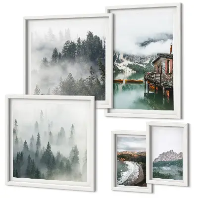 Set of 5 wall art pieces Mountain landscapes, cottages, water