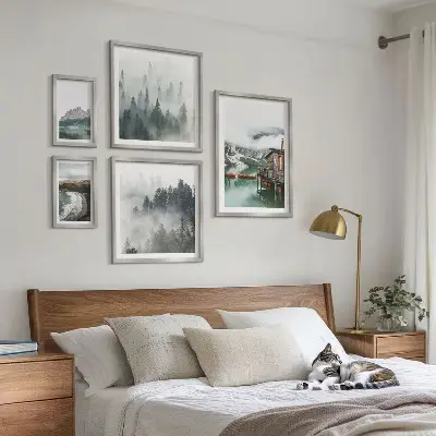 5-piece wall art set featuring mountain landscapes, cottages, and water views