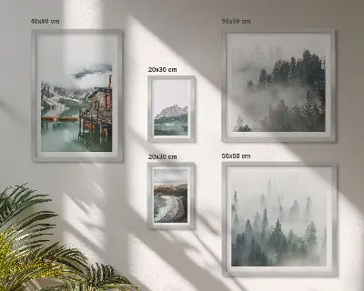 5-piece wall art set featuring mountain landscapes, cottages, and water views