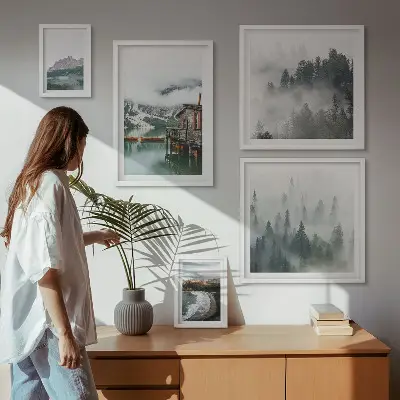 Set of 5 wall art pieces Mountain landscapes, cottages, water