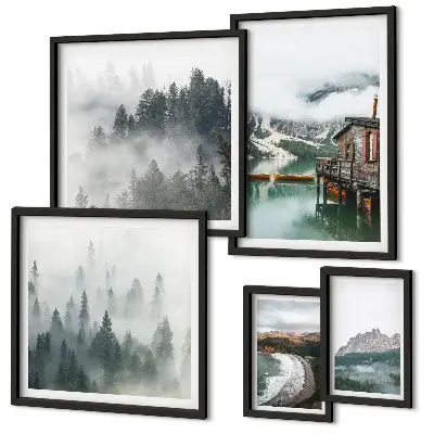 Set of 5 wall art pieces Mountain landscapes, cottages, water