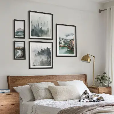 5-piece wall art set featuring mountain landscapes, cottages, and water views