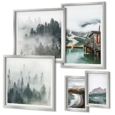 5-piece wall art set featuring mountain landscapes, cottages, and water views
