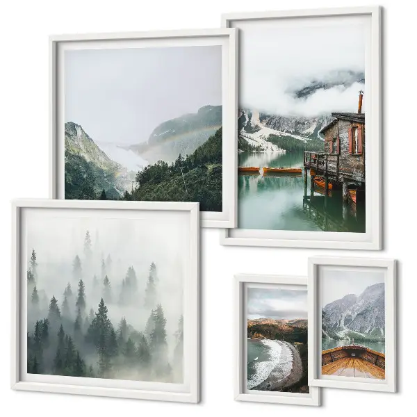 Framed photo set featuring mountain landscapes, houses, and water