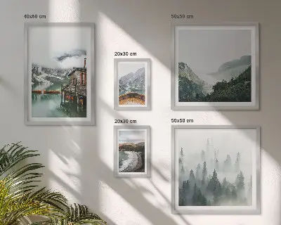 Framed photo set featuring mountain landscapes, houses, and water