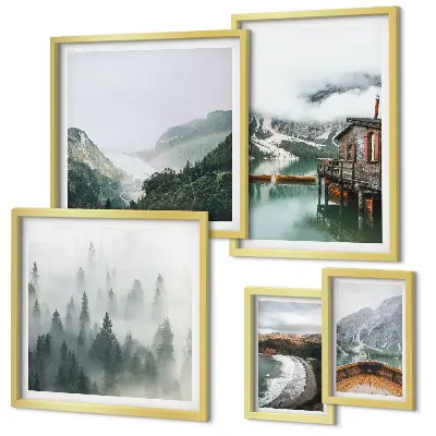 Framed photo set featuring mountain landscapes, houses, and water