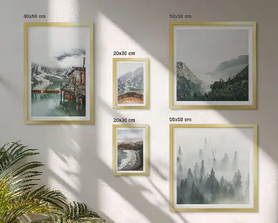Framed photo set featuring mountain landscapes, houses, and water