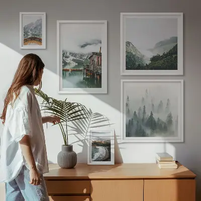 Framed photo set featuring mountain landscapes, houses, and water