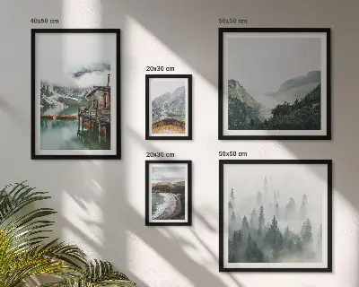 Framed photo set featuring mountain landscapes, houses, and water