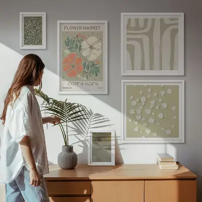 Set of 5 wall art pieces with boho plant motifs