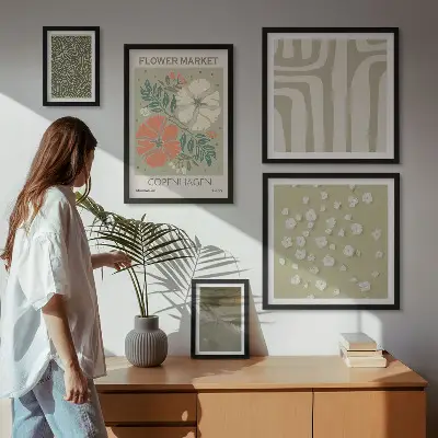 Set of 5 wall art pieces with boho plant motifs