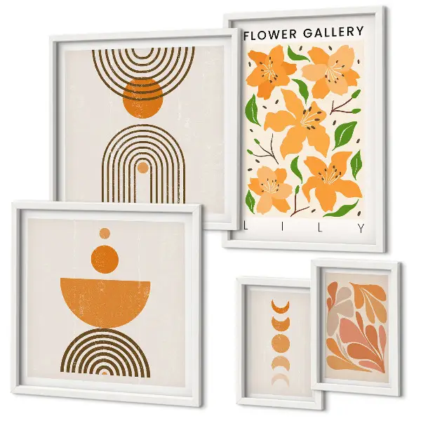 Set of 5 wall art pieces stylish flowers and geometry design