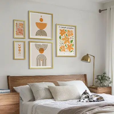 Set of 5 wall art pieces stylish flowers and geometry design