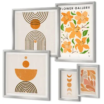 Set of 5 wall art pieces stylish flowers and geometry design
