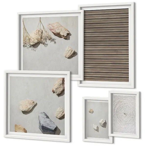 Framed photo set with natural wood and stone textures