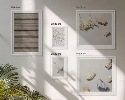 Framed photo set with natural wood and stone textures