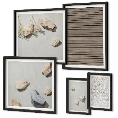Framed photo set with natural wood and stone textures