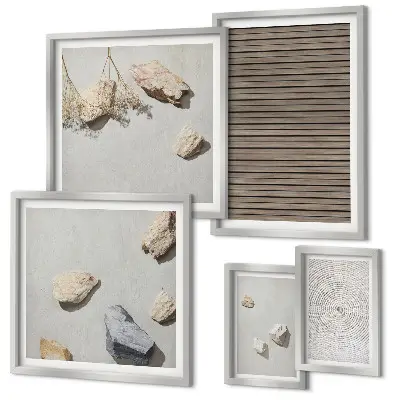 Framed photo set with natural wood and stone textures