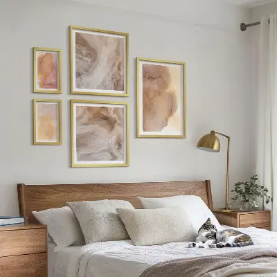 Gallery wall with warm watercolor colorful textures