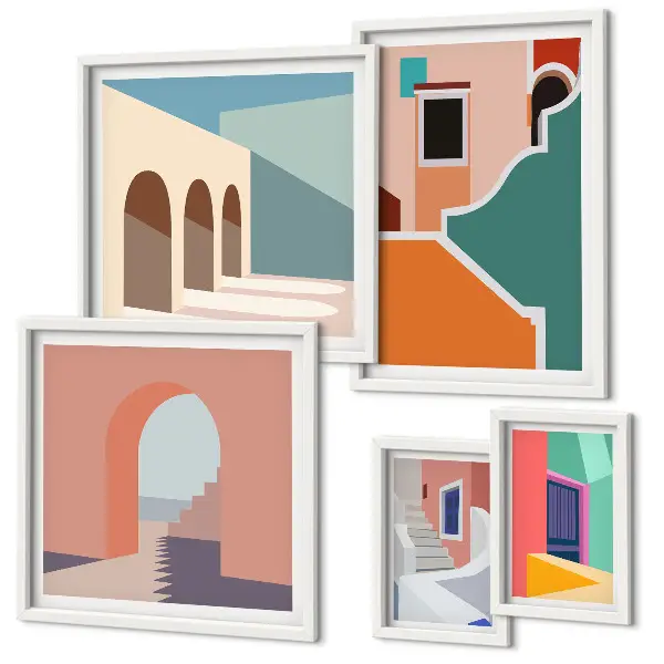 Set of 5 wall art pieces Colorful illustrations of buildings