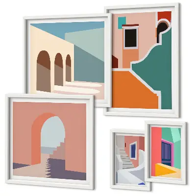 Set of 5 wall art pieces Colorful illustrations of buildings