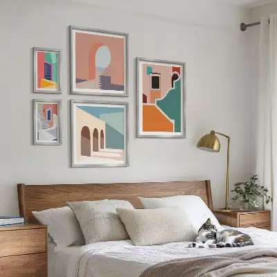 Set of 5 wall art pieces Colorful illustrations of buildings