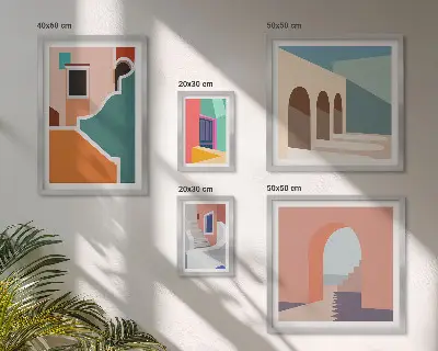Set of 5 wall art pieces Colorful illustrations of buildings