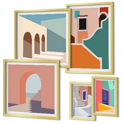 Set of 5 wall art pieces Colorful illustrations of buildings