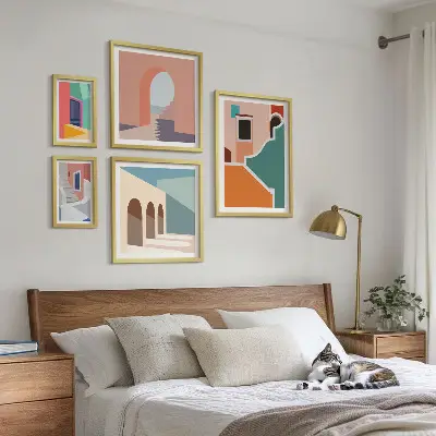 Set of 5 wall art pieces Colorful illustrations of buildings