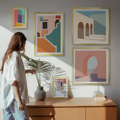 Set of 5 wall art pieces Colorful illustrations of buildings