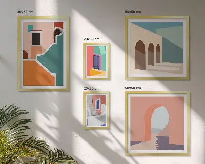 Set of 5 wall art pieces Colorful illustrations of buildings