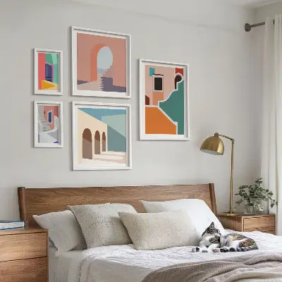 Set of 5 wall art pieces Colorful illustrations of buildings