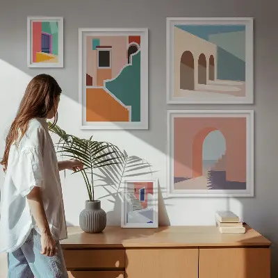 Set of 5 wall art pieces Colorful illustrations of buildings