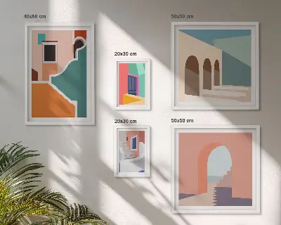 Set of 5 wall art pieces Colorful illustrations of buildings