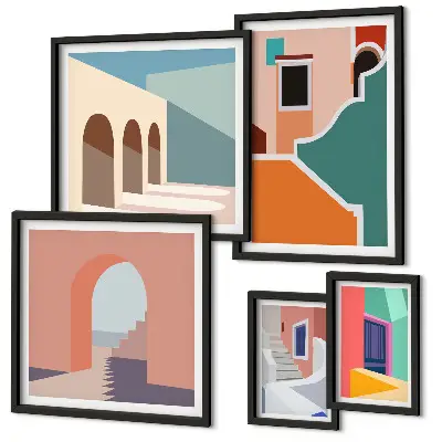 Set of 5 wall art pieces Colorful illustrations of buildings