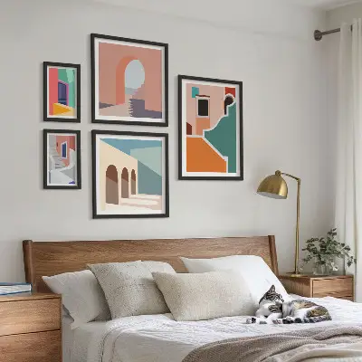 Set of 5 wall art pieces Colorful illustrations of buildings