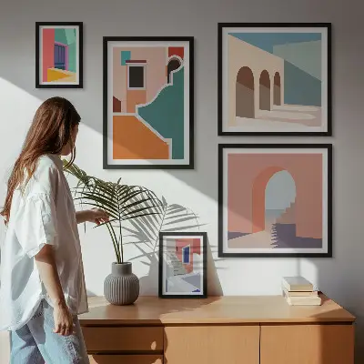 Set of 5 wall art pieces Colorful illustrations of buildings