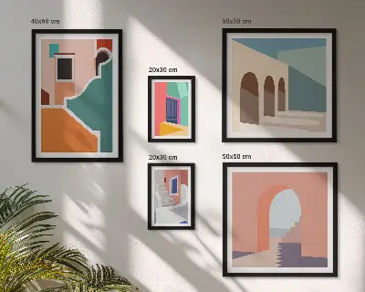 Set of 5 wall art pieces Colorful illustrations of buildings