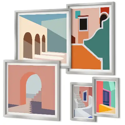 Set of 5 wall art pieces Colorful illustrations of buildings