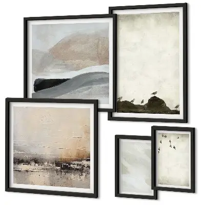 Framed photo set decorative birds rocks and brush strokes