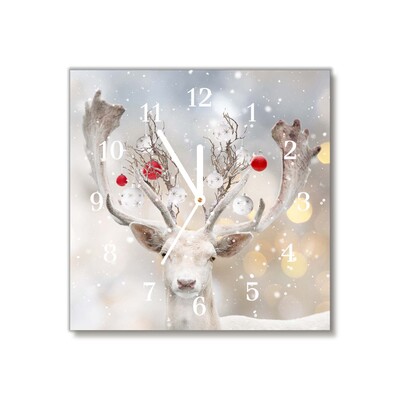 Glass Wall Clock White Reindeer Christmas Baubles