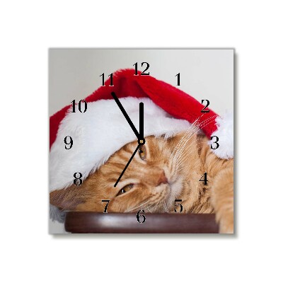Glass Kitchen Clock Square Cat Santa Hat Christmas