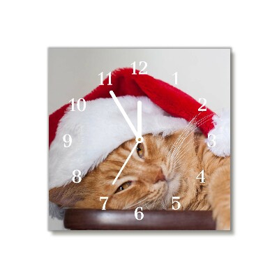 Glass Kitchen Clock Square Cat Santa Hat Christmas