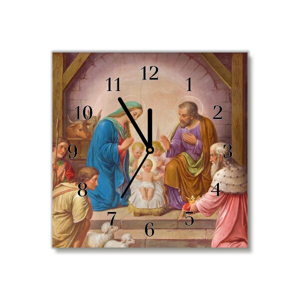 Glass Wall Clock Square Stable Christmas Jesus