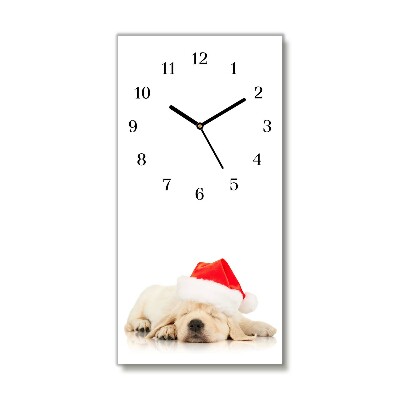 Glass Wall Clock Puppy Santa Hat Winter