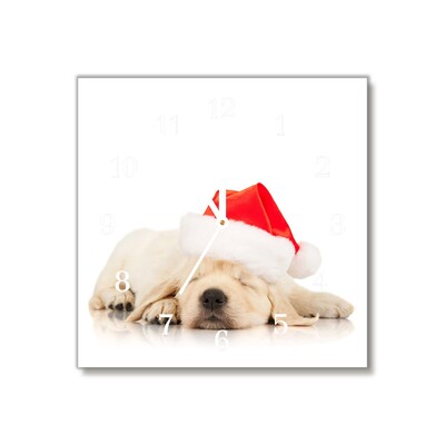 Glass Wall Clock Puppy Santa Hat Winter